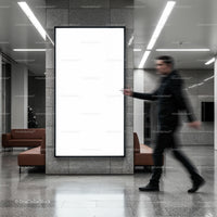 Blurred man walking past blank vertical advertising board