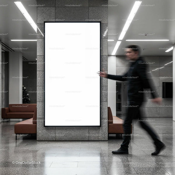 Blurred man walking past blank vertical advertising board JPG Mockup Image