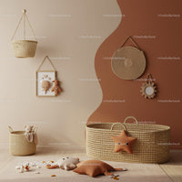 Stylish Boho Nursery Decor with Woven Baskets and Plush Toys