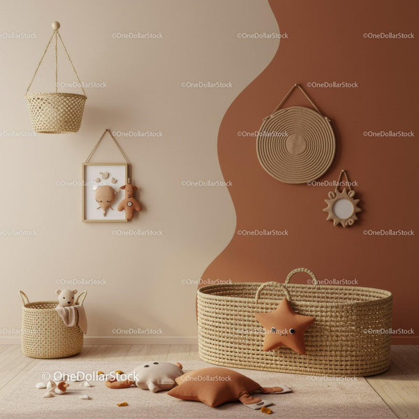Stylish Boho Nursery Decor with Woven Baskets and Plush Toys
