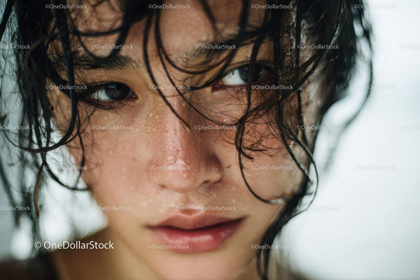 Close-up Portrait of a Woman with Wet Hair and Water Droplets