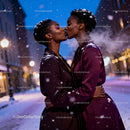 Loving couple sharing a tender kiss on snowy evening