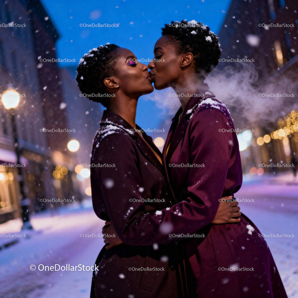 Loving couple sharing a tender kiss on snowy evening