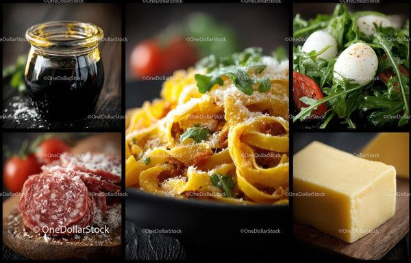 Fresh Ingredients for Italian Pasta and Salad with Cheese and Vegetables