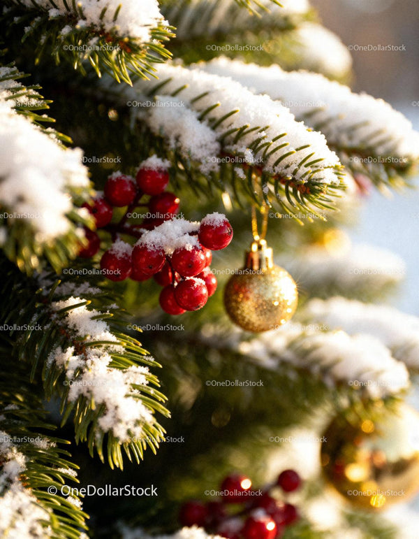 Snow-covered pine branch with red berries and golden ornament