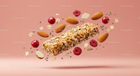 Healthy granola bar with almonds and cranberries floating