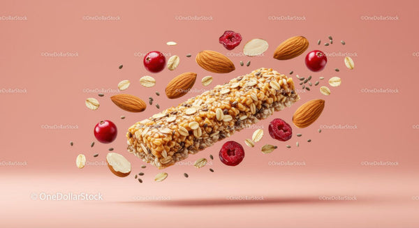 Healthy granola bar with almonds and cranberries floating