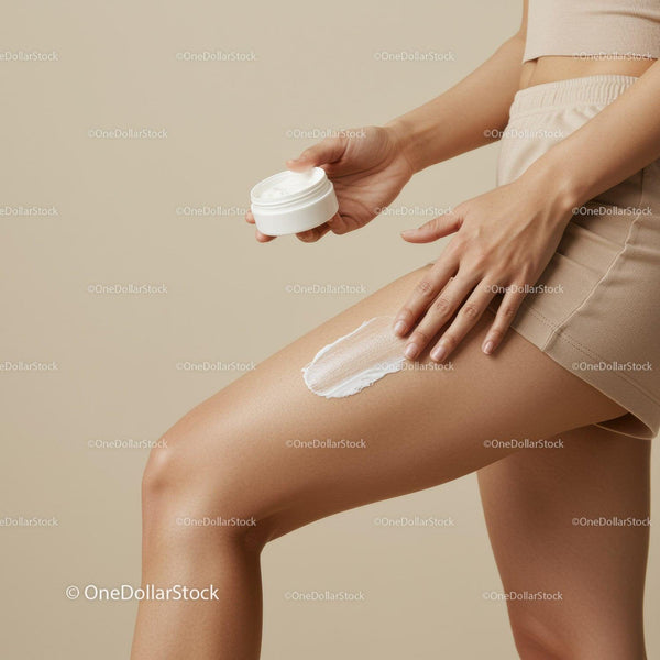Woman Applying Body Lotion on Thighs Skin in Neutral Setting