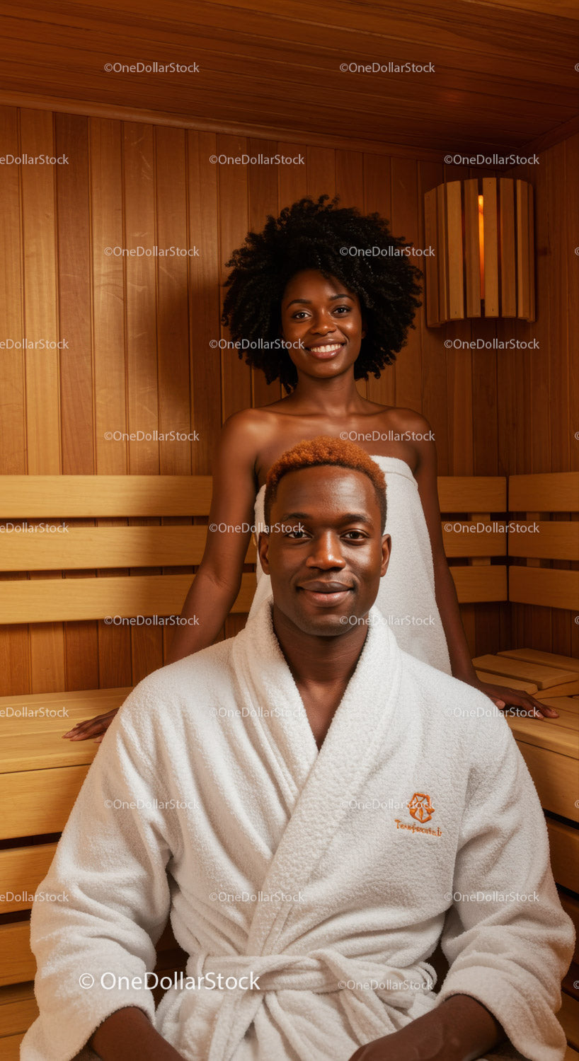 Szczęśliwa para Afroamerykanów relaksująca się w saunie w spa
