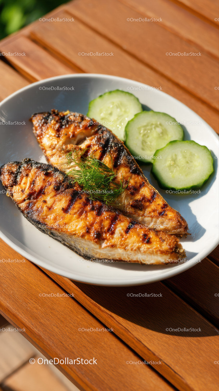 Grilled Salmon with Cucumber Slices on Wooden Table
