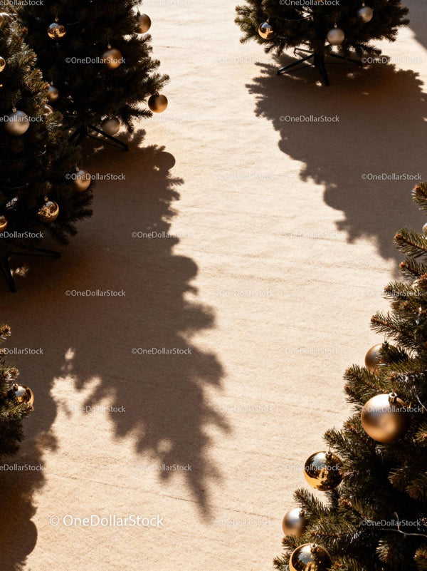Sunlit Christmas Trees with Golden Ornaments on Carpet