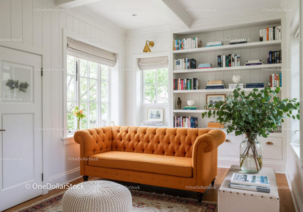 Bright living room with orange sofa and built-in bookshelves