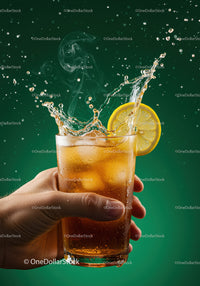 Refreshing iced tea with lemon slice and splash effect