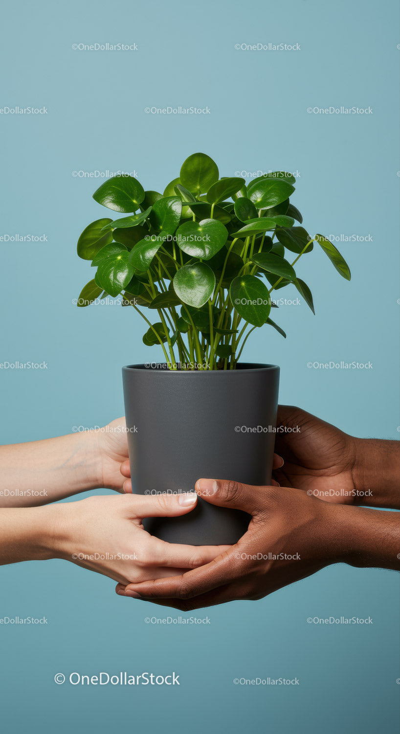 Diverse hands holding potted green houseplant together