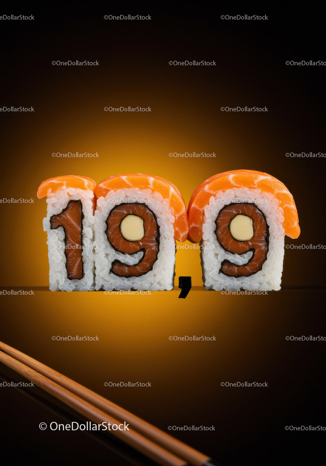 Creative sushi rolls arranged as number 199