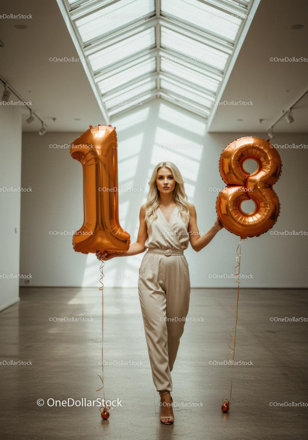 Elegant woman walking with 18 shaped balloons indoors