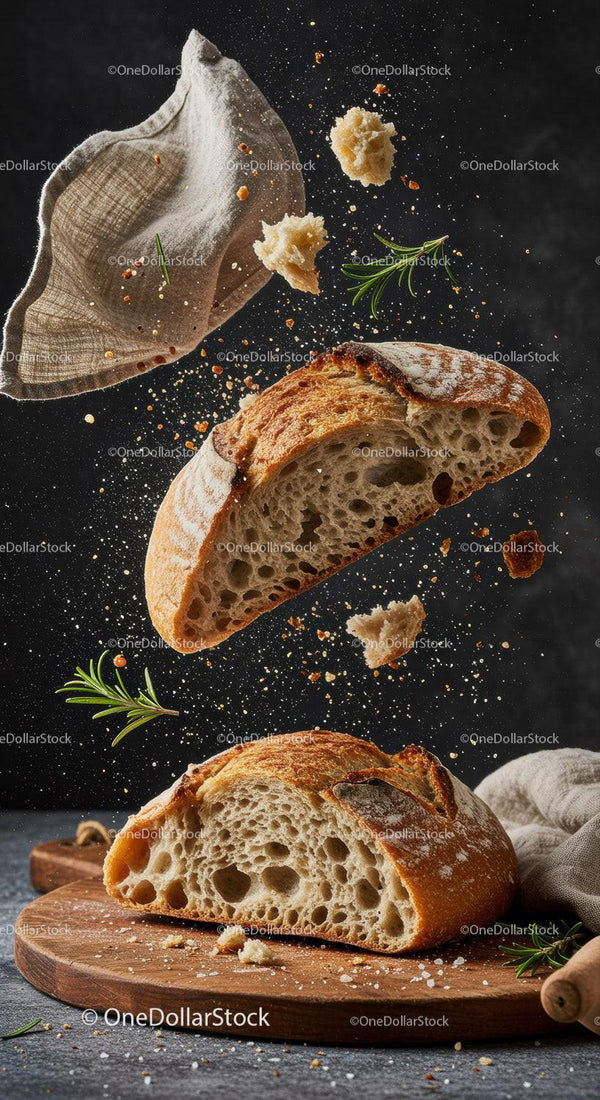 Rustic sourdough bread with flying crumbs and herbs