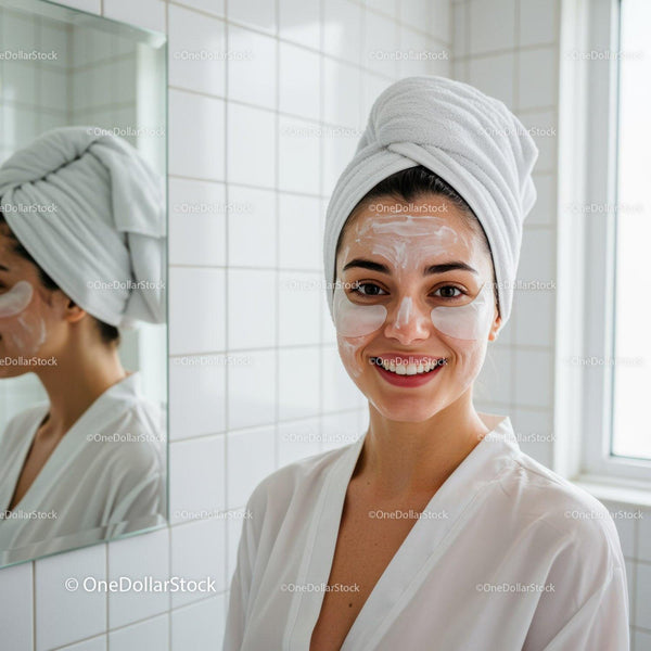 Smiling young woman with facial mask and towel wrap