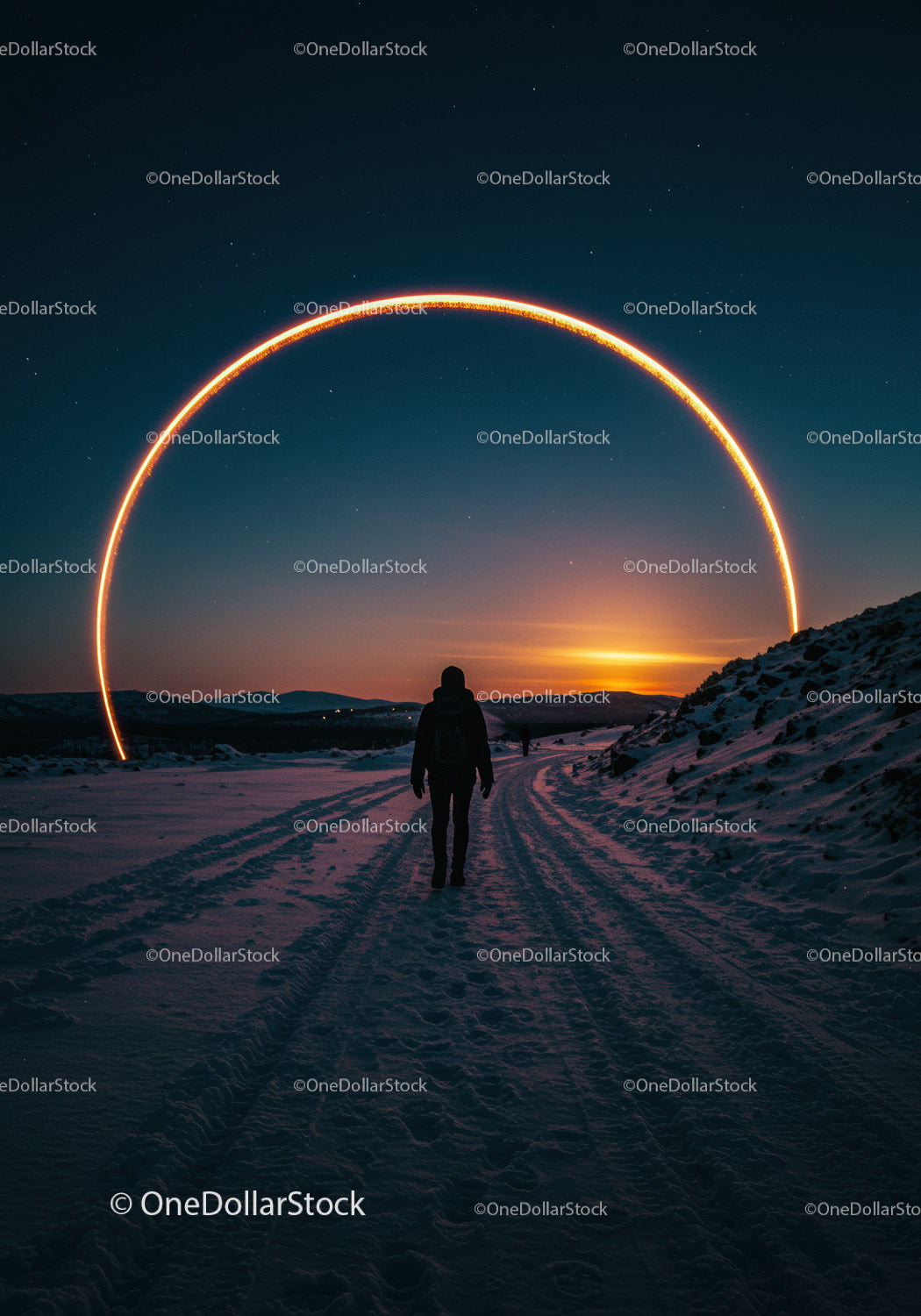 Person walking on snowy path under glowing arc at dusk