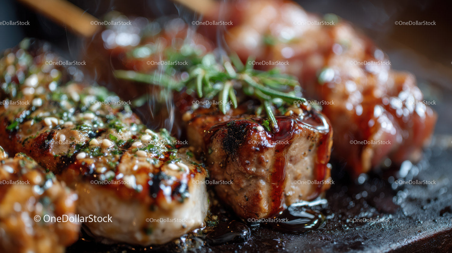 Juicy Herb-Glazed Meat Skewers Sizzling on Outdoor Grill