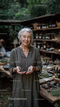 Elderly Woman Visiting Herbal Market with Herbal Products
