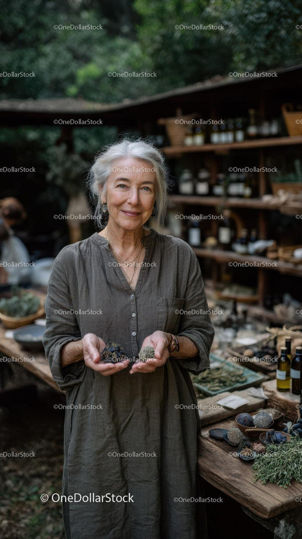 Elderly Woman Visiting Herbal Market with Herbal Products