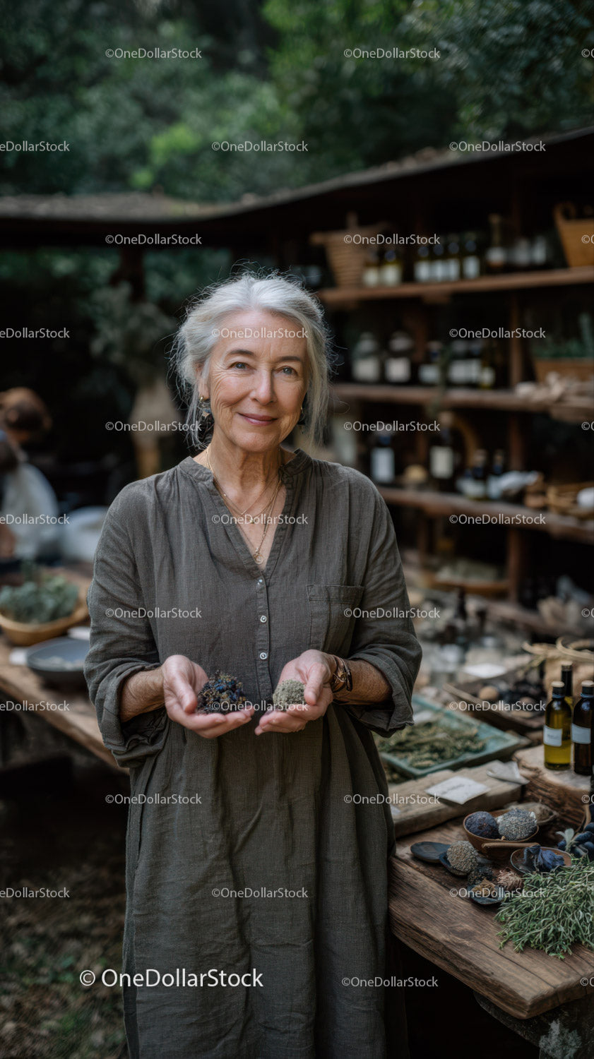 Elderly Woman Visiting Herbal Market with Herbal Products
