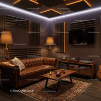 Cozy music room with leather sofa and warm lighting