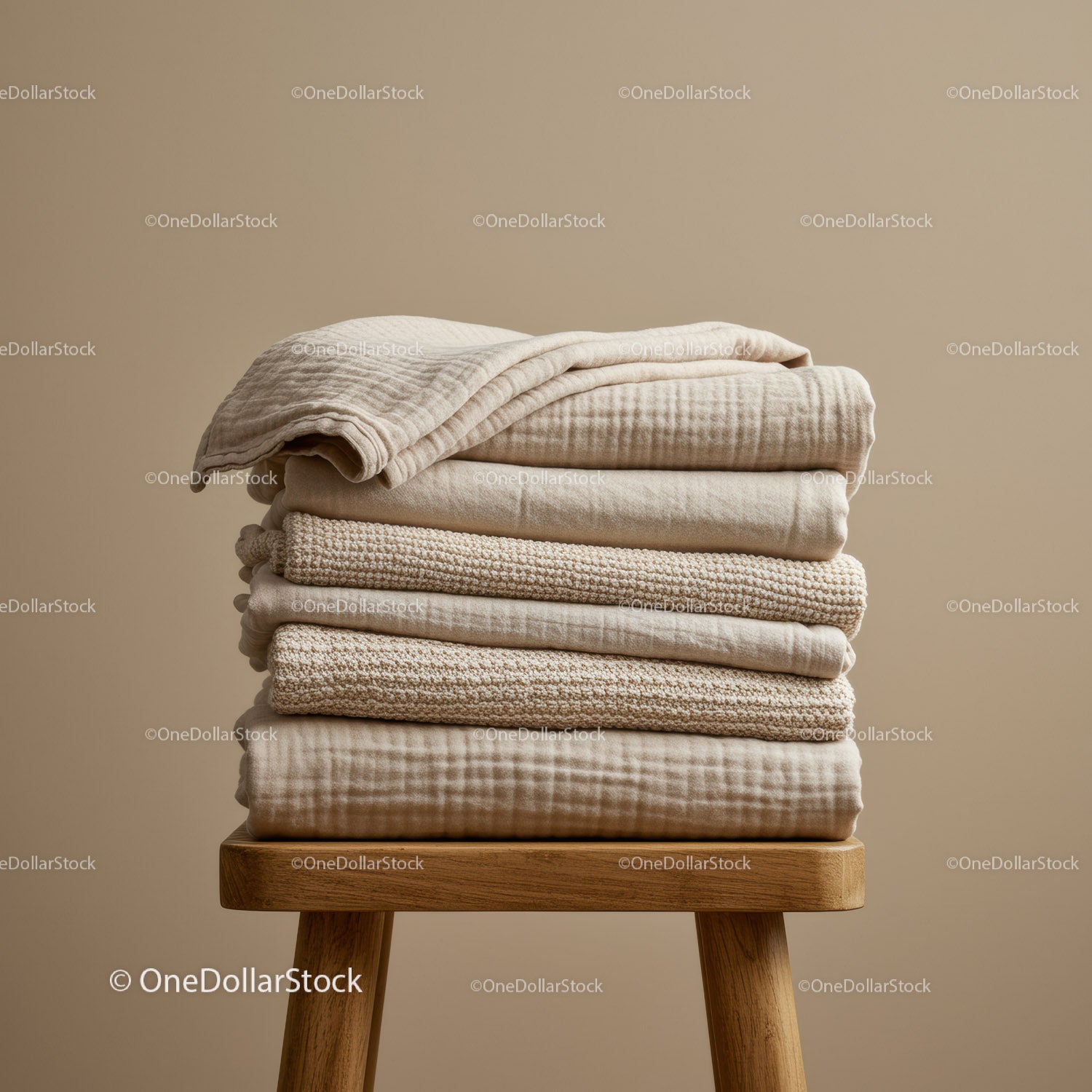Stack of folded beige textured blankets on wooden stool