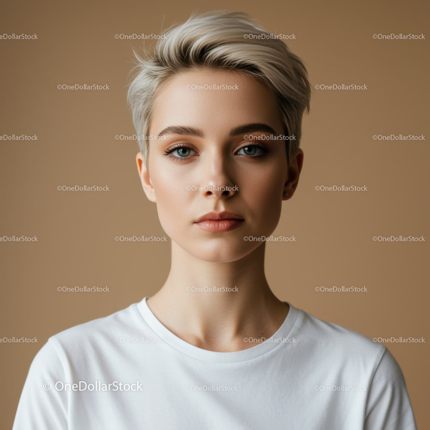 Portrait of a Young Woman with Blonde Short Hair and Blue Eyes