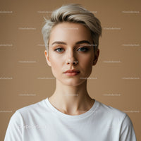 Portrait of a Young Woman with Blonde Short Hair and Blue Eyes