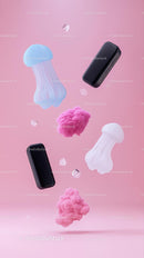 Modern Abstract Digital Art with Floating Gadgets and Cloud Shapes