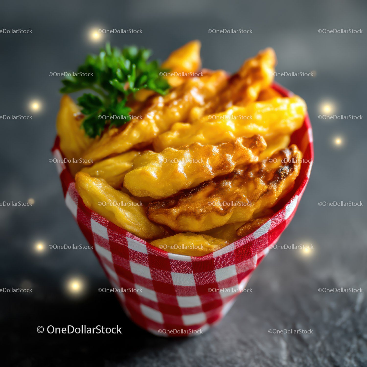 Golden Crispy French Fries in Red Checkered Paper Cup