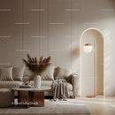 Cozy beige living room with modern decor and soft lighting
