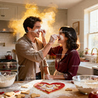 Couple playfully baking heart shaped cookies together