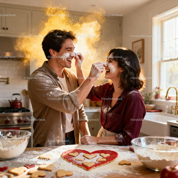 Couple playfully baking heart shaped cookies together