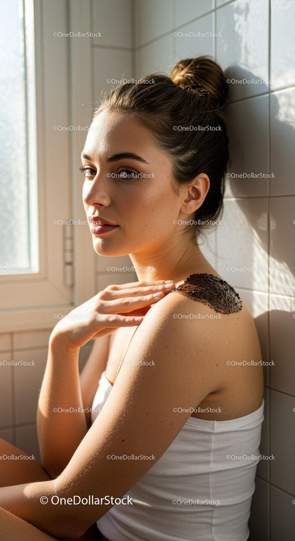 Young woman applying natural body scrub on shoulder