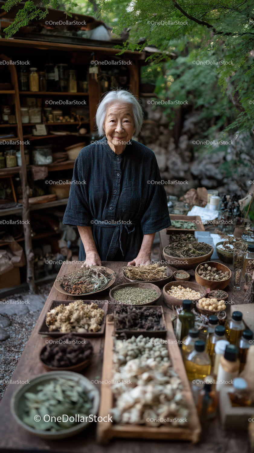 Elderly Woman Selling Fresh Dried Herbs and Medicinal Plants Outdoors
