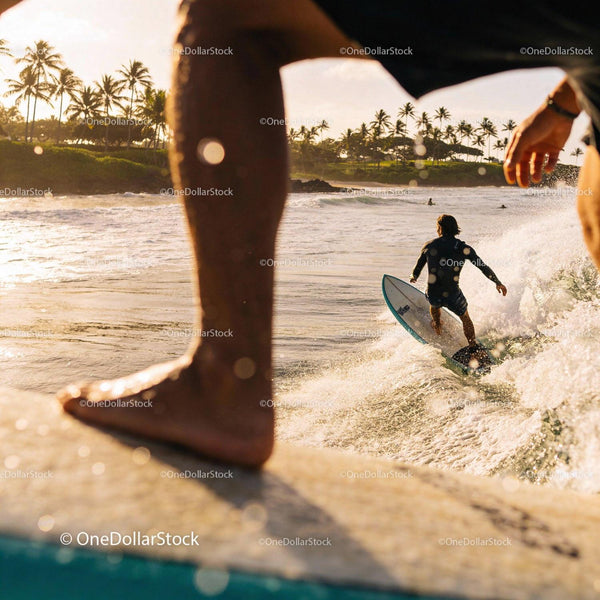 Surfers Riding Waves Near Tropical Shore at Sunset