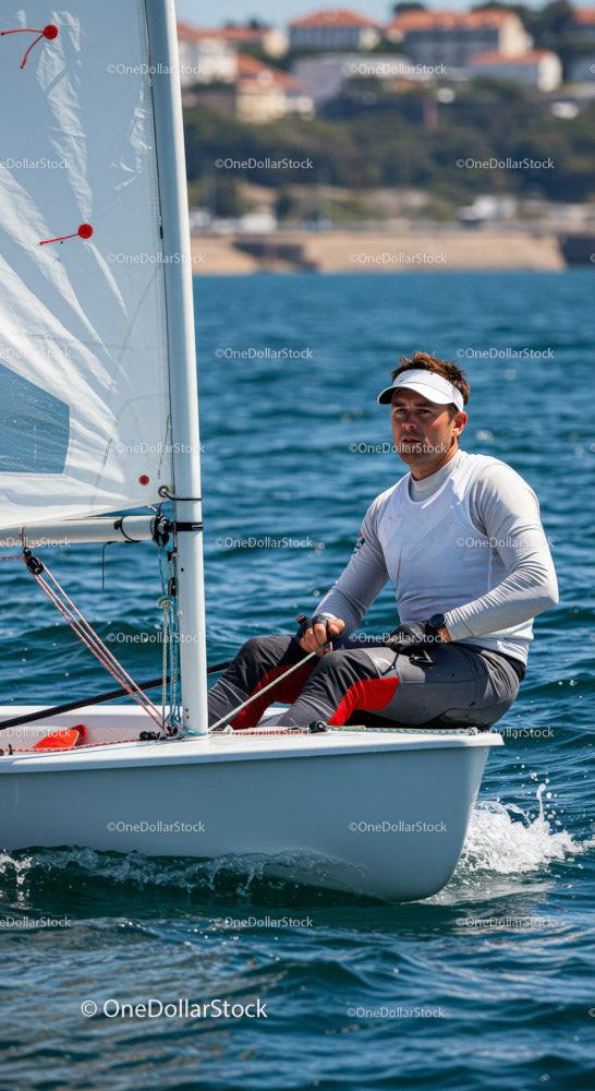Man Sailing Small Boat on Blue Water with Coastal Town in Background