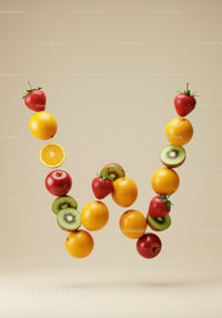 Letter W formed with fresh assorted fruits floating