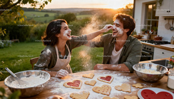 Couple Playfully Baking Heart Cookies in Sunlit Kitchen
