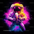 Colorful Astronaut Holding Ice Cream in Space with Galaxy Reflection