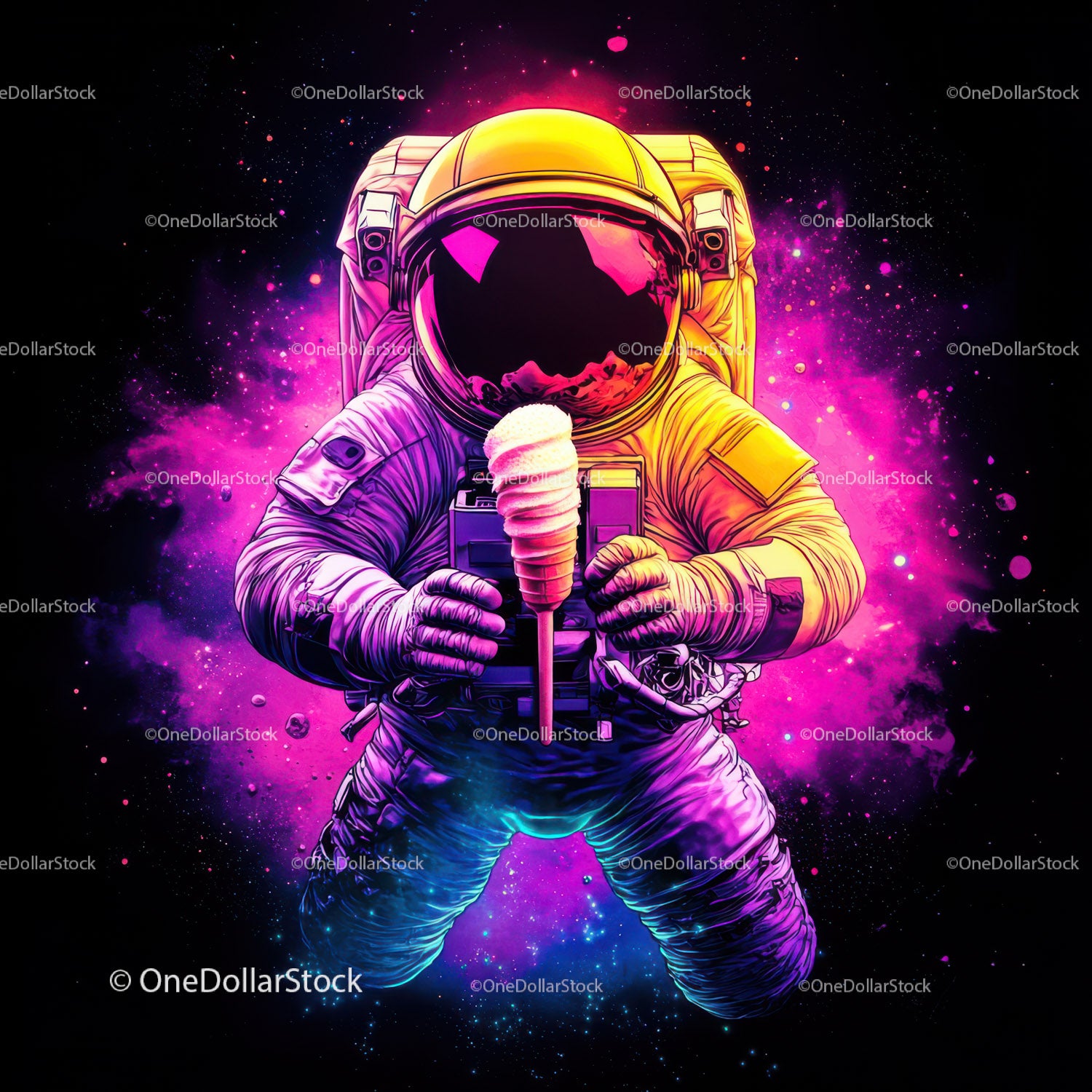Colorful Astronaut Holding Ice Cream in Space with Galaxy Reflection