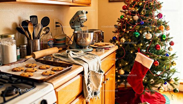 Freshly baked cookies and Christmas tree in cozy kitchen