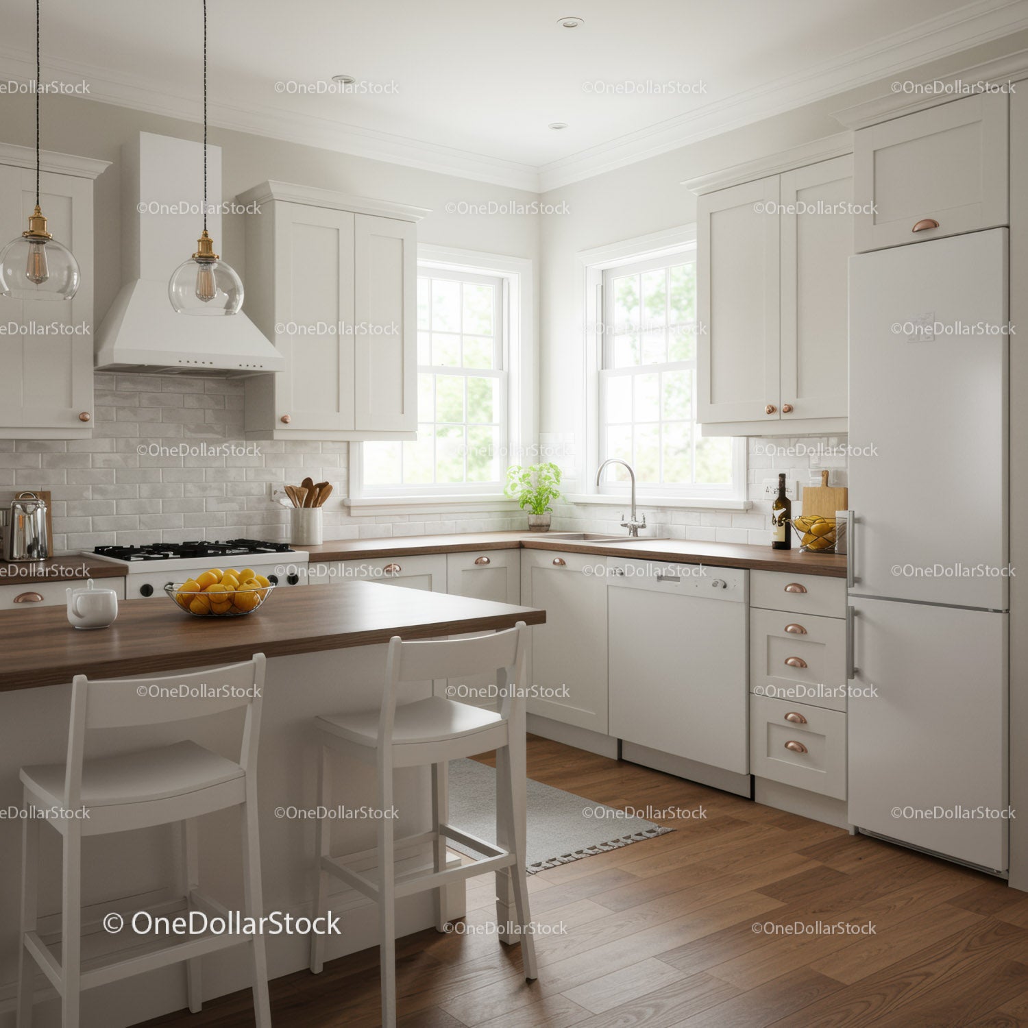 Bright Modern Kitchen with White Cabinets and Wooden Countertop