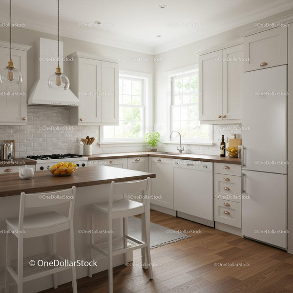 Bright Modern Kitchen with White Cabinets and Wooden Countertop