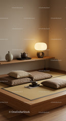 Minimalist Japanese style tea room with warm lighting