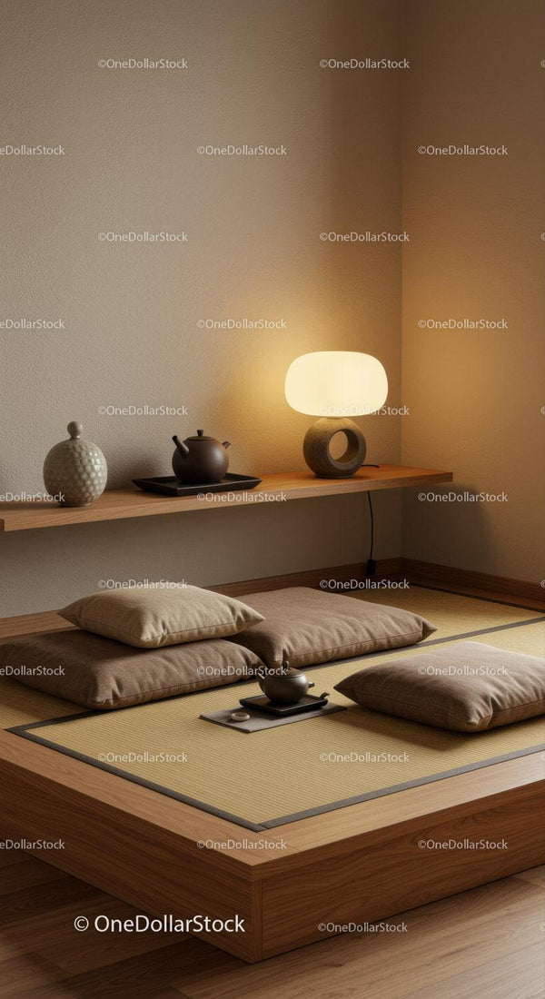 Minimalist Japanese style tea room with warm lighting