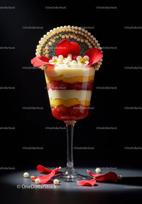 Elegant layered dessert with pearls and rose petals
